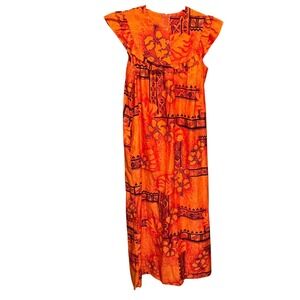 Hilo Hattie Maxi Dress Hawaiian Floral Muumuu Orange Excellent Ruffle Sleeve